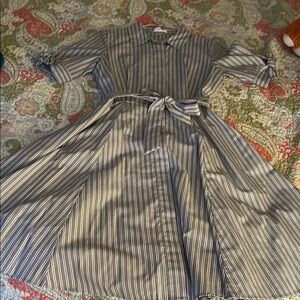 Striped Gray Midi Dress with Belt